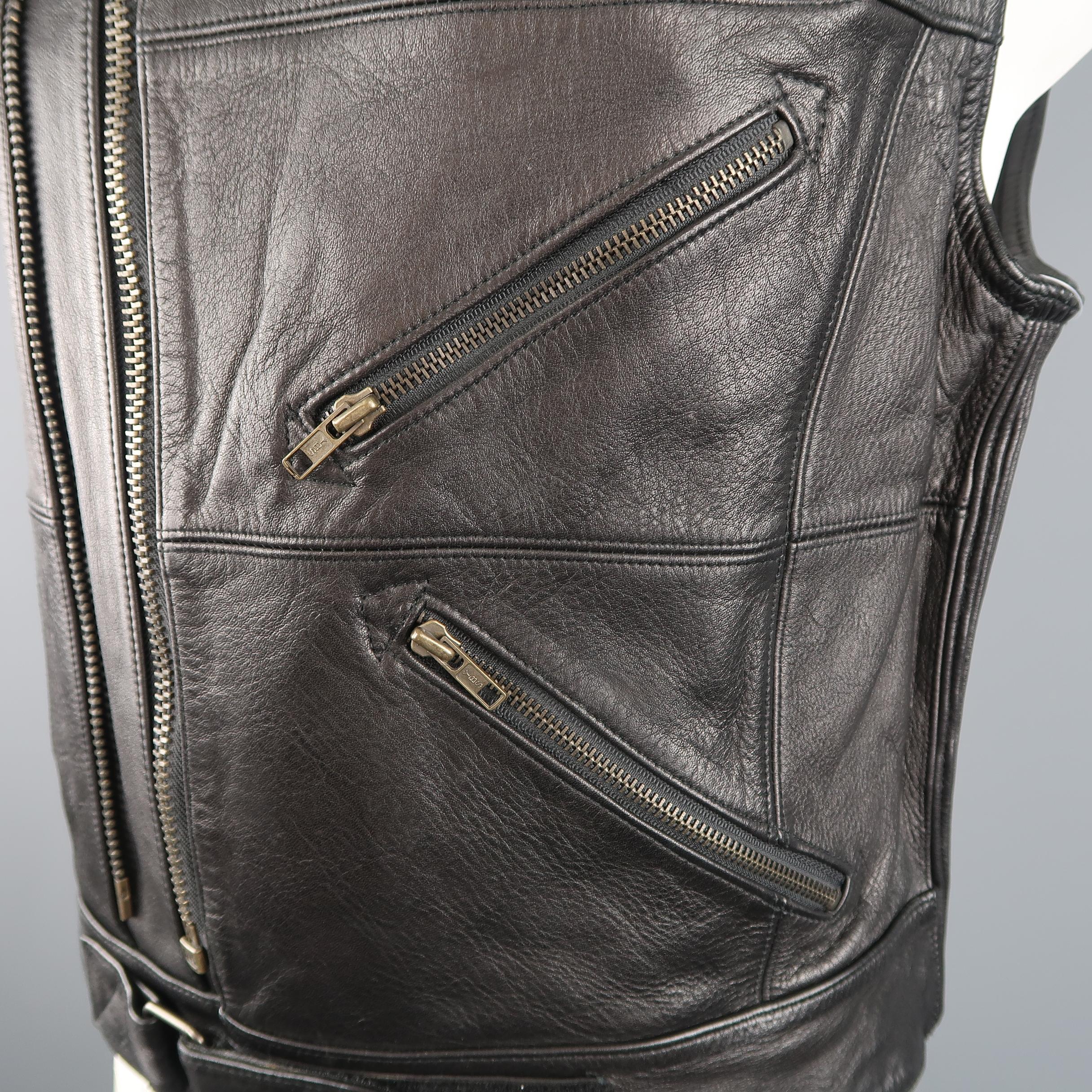 DKNY L Black Leather Gold Zip Biker Vest Jacket In Excellent Condition In San Francisco, CA