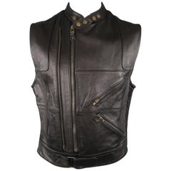DKNY L Black Leather Gold Zip Biker Vest Jacket