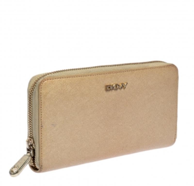 Dkny Metallic Beige Leather Zip Around Wallet For Sale 4