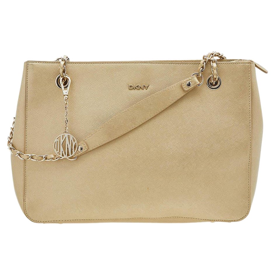 DKNY Metallic Gold Saffiano Leather Bryant Park Chain Tote