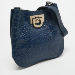 DKNY Navy Blue Croc Embossed Leather Messenger Bag