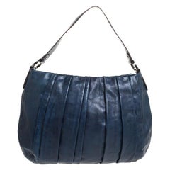 Dkny Navy Blue Pleated Leather Floral Chain Detail Hobo