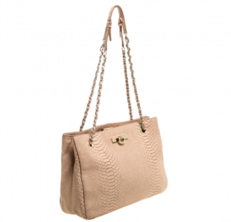 Dkny Peach Python Embossed Leather Chain Tote For Sale 1