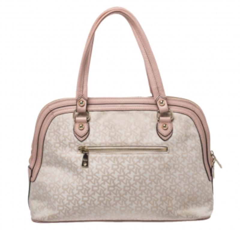 Dkny Pink/Beige Signature Canvas and Leather Dome Satchel In Fair Condition For Sale In Dubai, Al Qouz 2