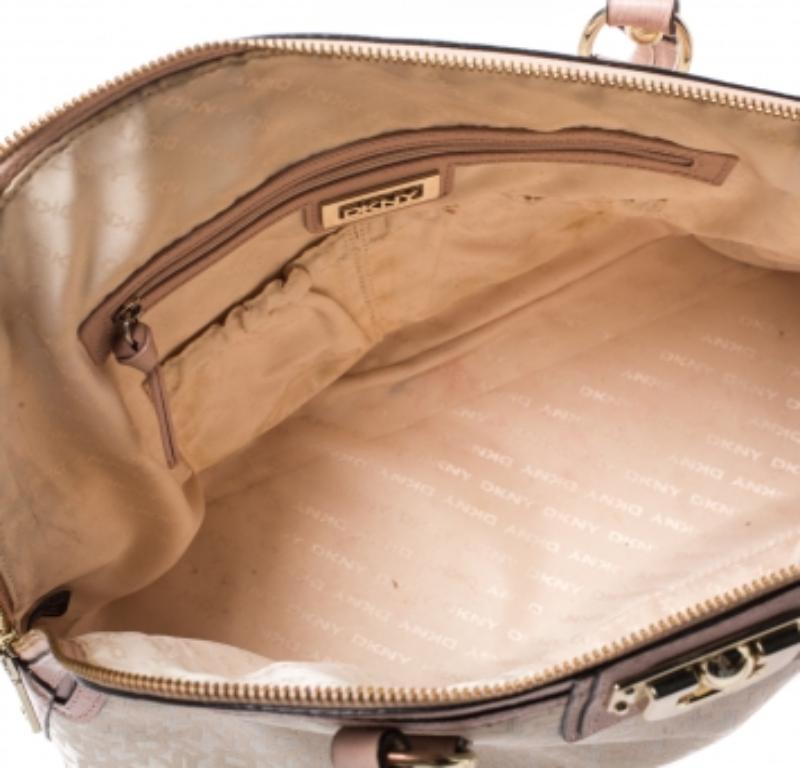 Dkny Pink/Beige Signature Canvas and Leather Dome Satchel For Sale 2