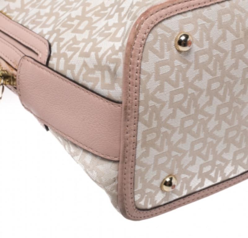 Dkny Pink/Beige Signature Canvas and Leather Dome Satchel For Sale 4