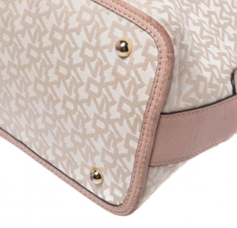 Dkny Pink/Beige Signature Canvas and Leather Dome Satchel For Sale 5