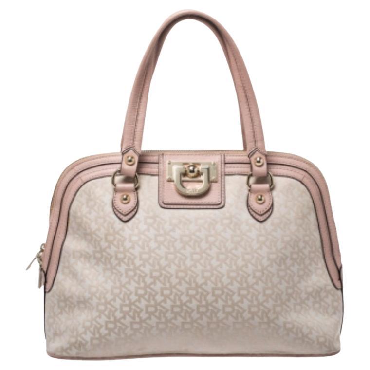 Dkny Pink/Beige Signature Canvas and Leather Dome Satchel For Sale