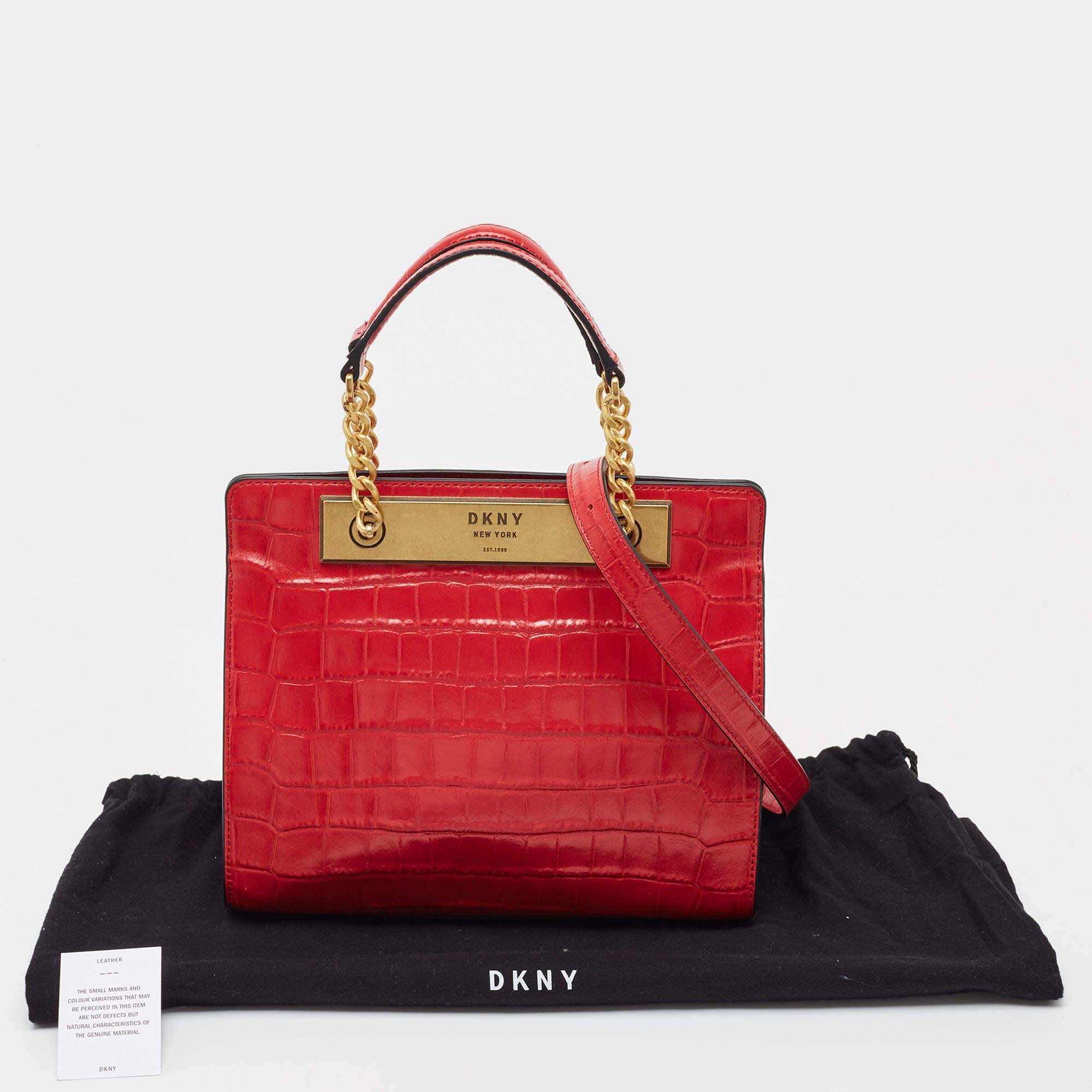 DKNY Red Croc Embossed Leather Cooper Top Handle Bag 7
