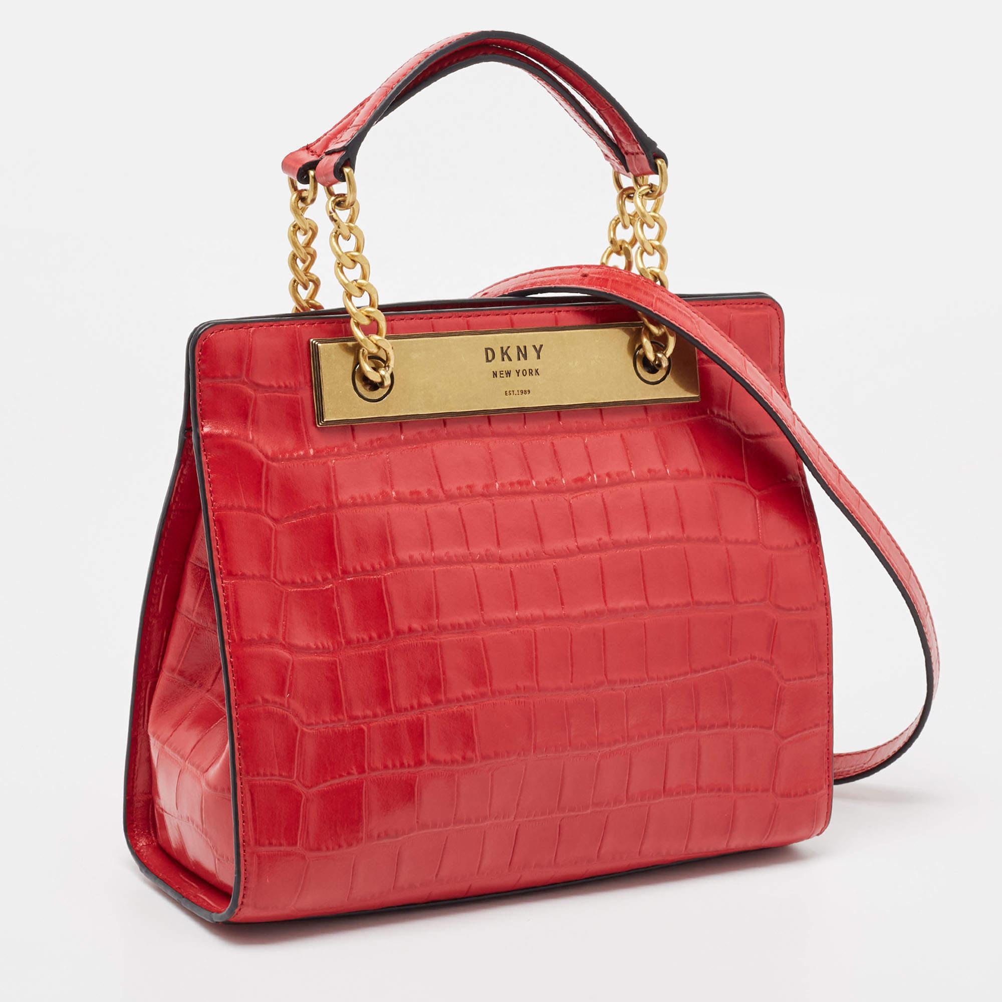 DKNY Red Croc Embossed Leather Cooper Top Handle Bag 8