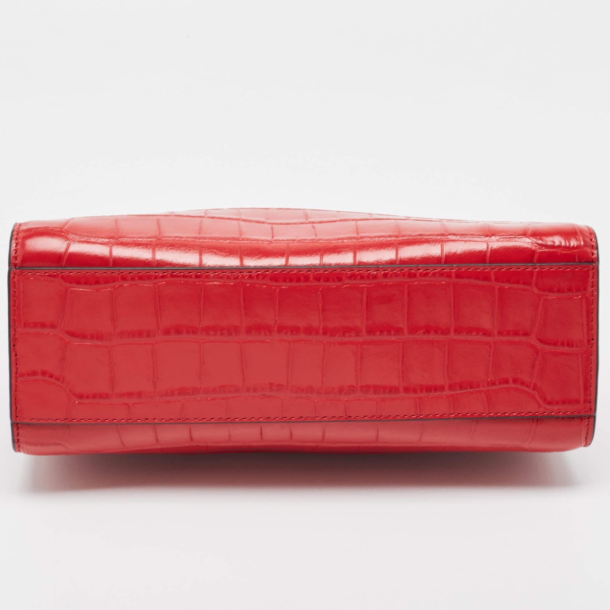DKNY Red Croc Embossed Leather Cooper Top Handle Bag 5