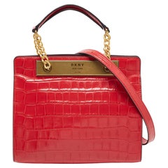 DKNY Red Croc Embossed Leather Cooper Top Handle Bag