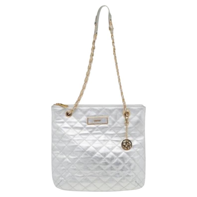 DKNY Silver Quilted Leather Shoulder Bag