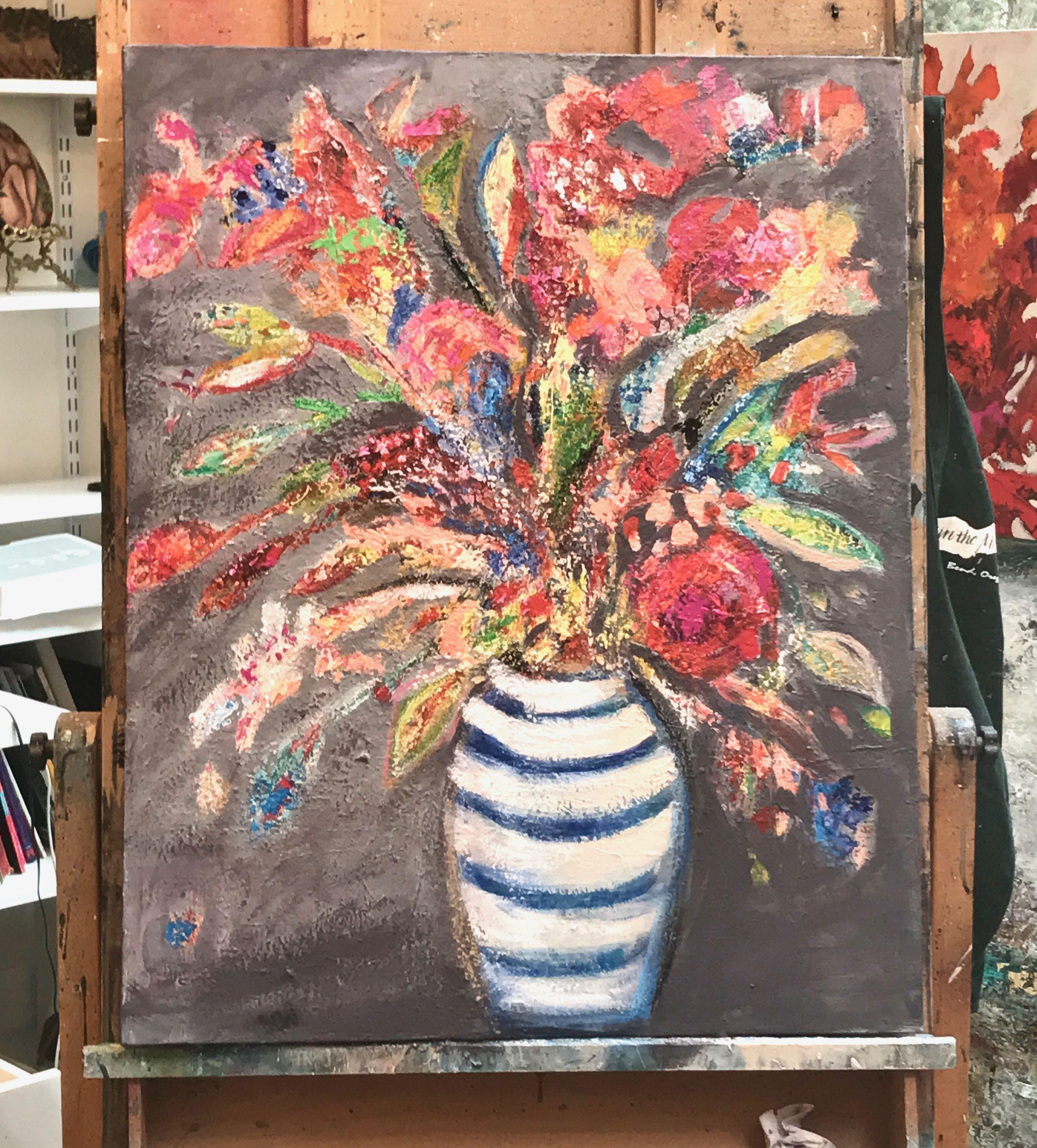 Bright modern abstract floral in striking blue and white striped vase.. Heavy watercolor paper with deckled edges, varnished and ready to frame. :: Painting :: Abstract :: This piece comes with an official certificate of authenticity signed by the