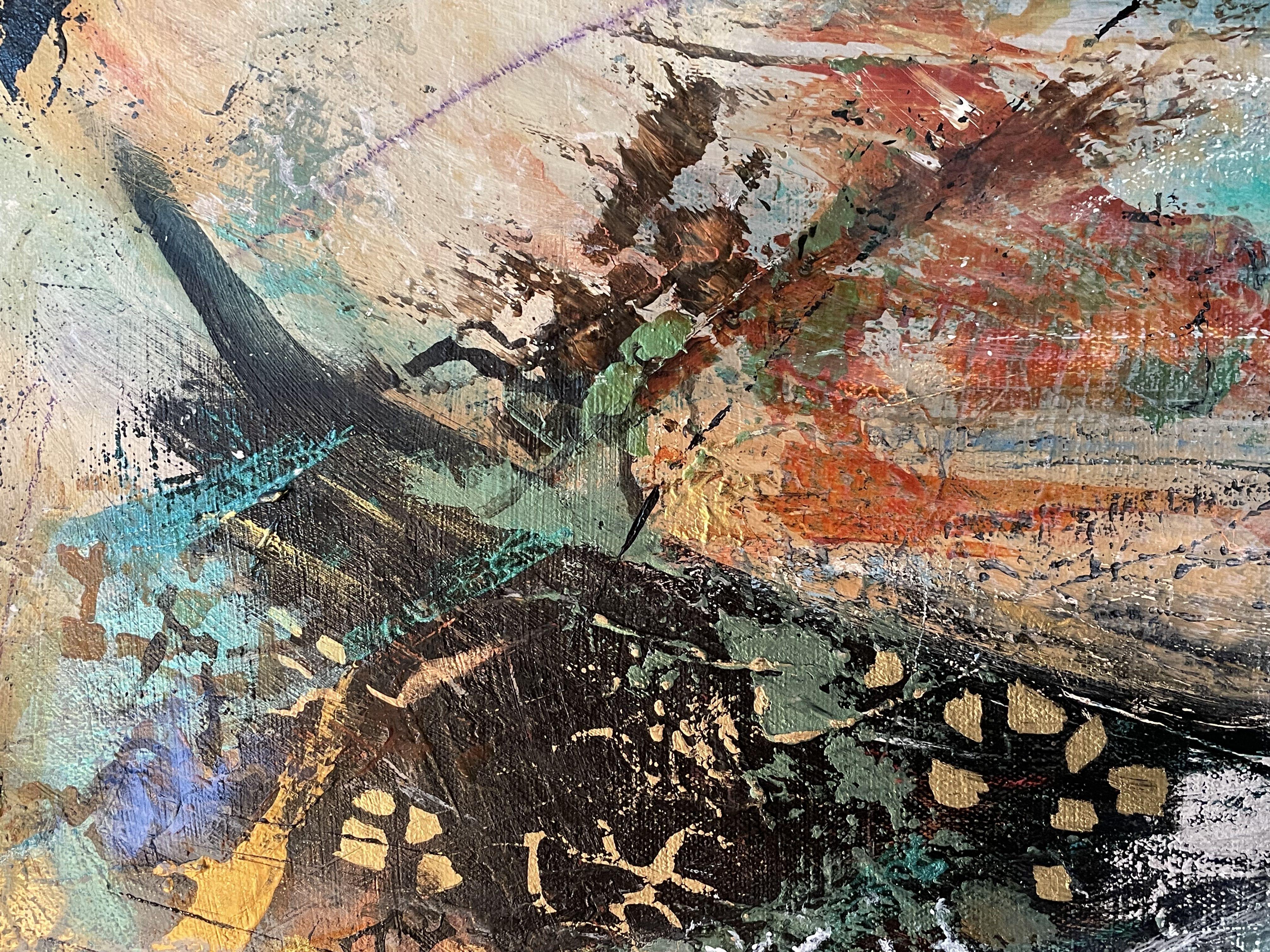 Pintura abstracta con textura de colores sobre lienzo estirado. Textura sutil, muchos detalles y dibujos con toques de cobre dorado y plata metálica. Los laterales están pintados de negro y está lista para colgar :: Pintura :: Expresionismo