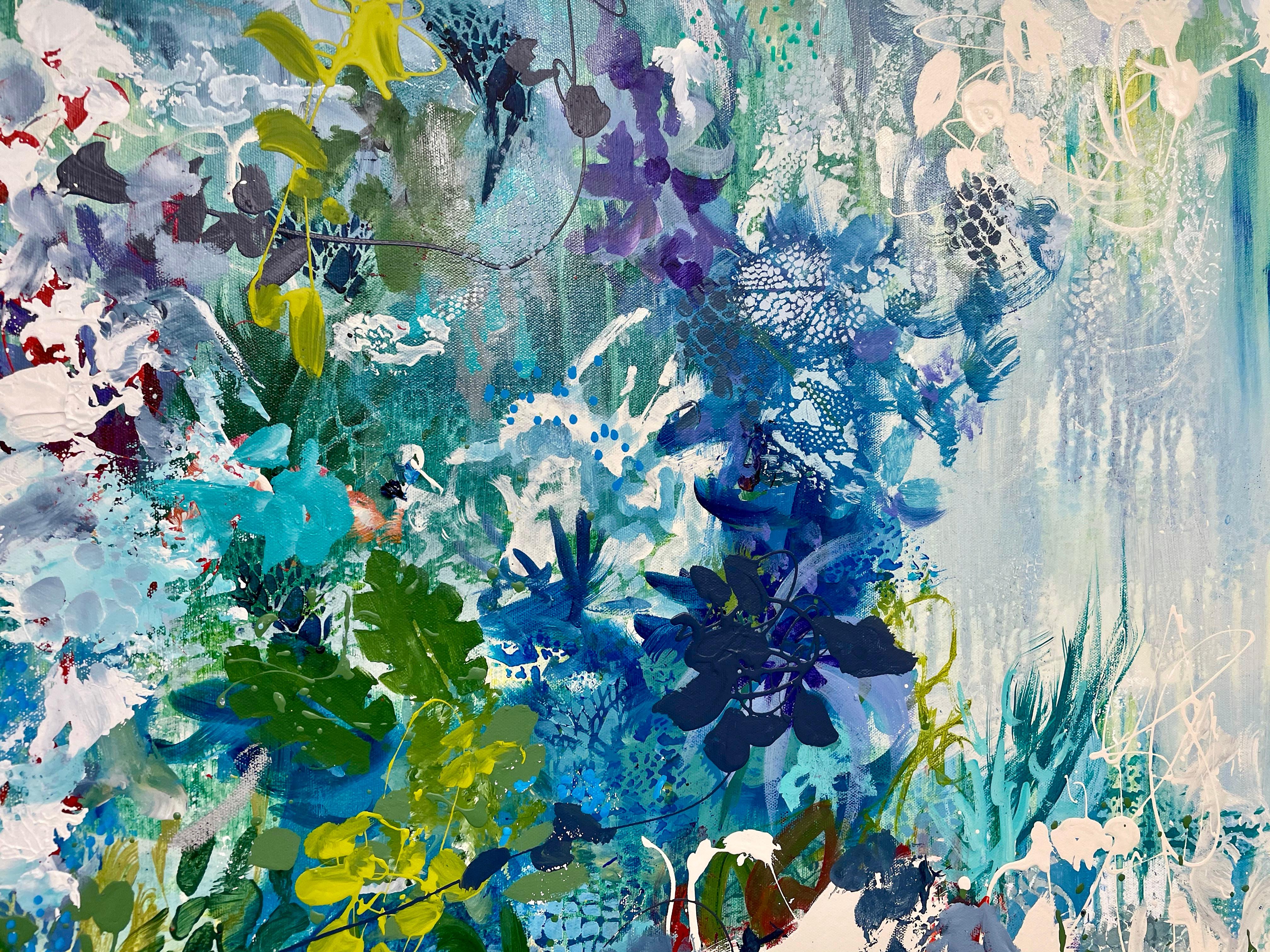 <p>Artist Comments<br>Artist DL Watson created this light, tropical scene based on her butterfly garden in her south Florida home. Lush greens and cool blues provide a vibrant backdrop for the blossoming white flowers. 