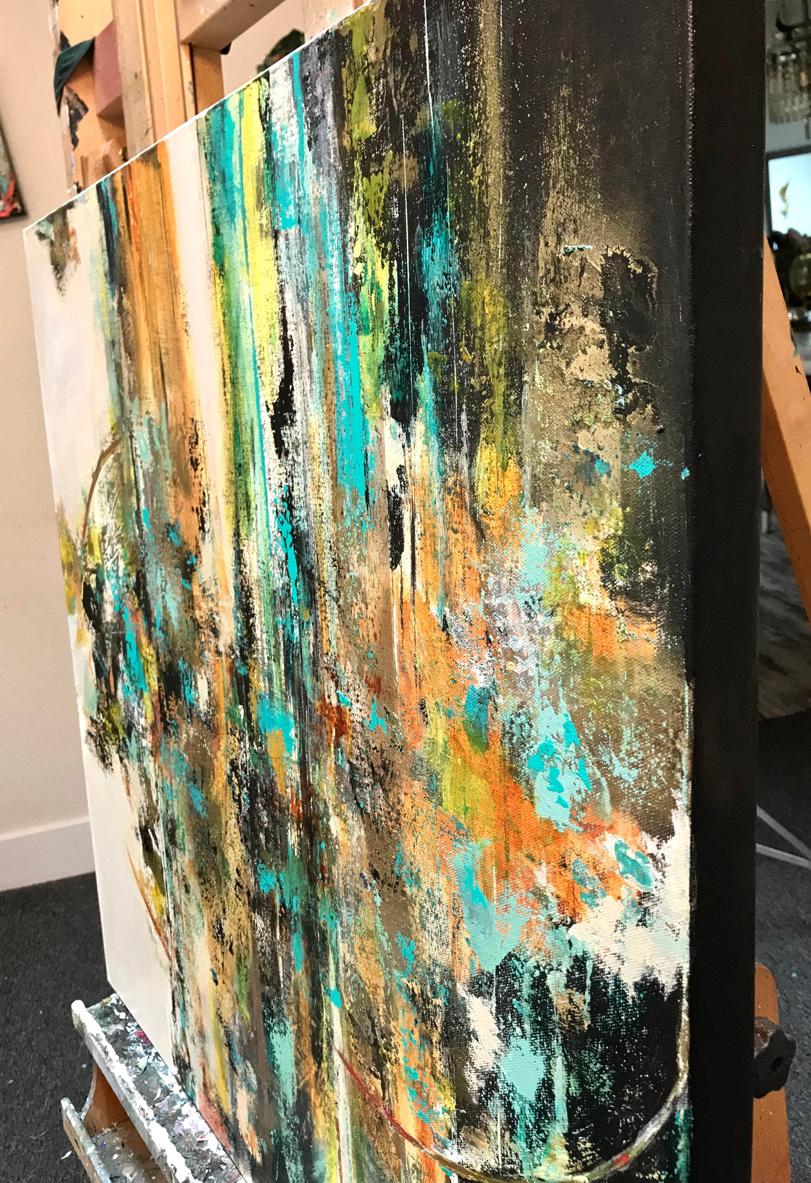 <p>Artist Comments<br />Inspired by a palette of aquas, golds (metallic and quin gold) and black. Paint was applied with brushes and palette knife to achieve the light texture. Heat was used on the metallic gold to increase its shine.</p><br