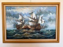 B. Lenita Large Vintage Oil Painting on canvas, Seascape Naval Sea Battle Framed