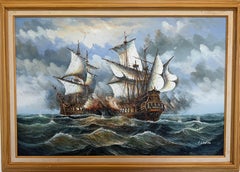 B. Lenita Large Vintage Oil Painting on canvas, Seascape Naval Sea Battle Framed
