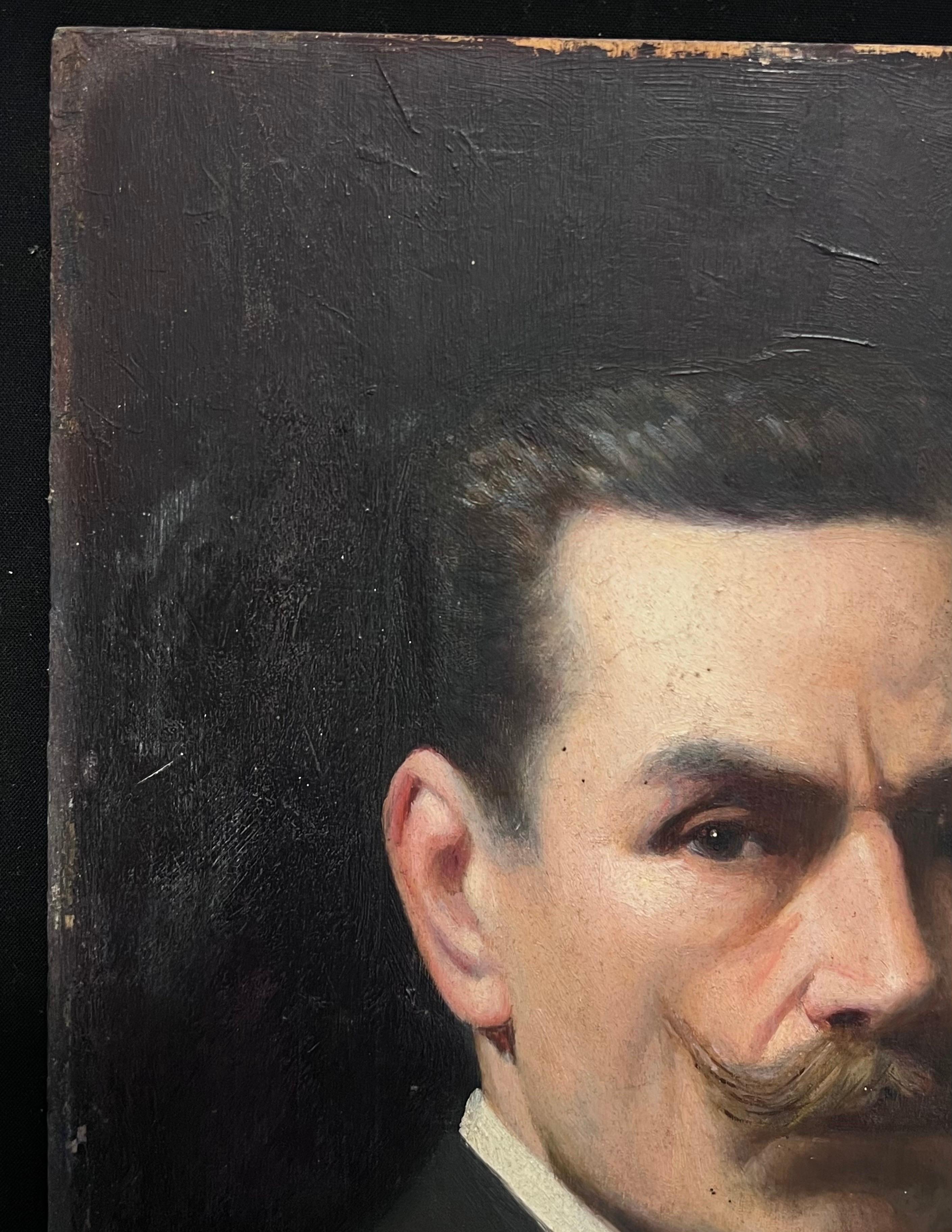 Antique French Signed Oil Painting d.1915 Ritratto di gentiluomo dai baffi arricciati 1