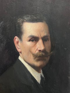 Antique French Signed Oil Painting d.1915 Ritratto di gentiluomo dai baffi arricciati
