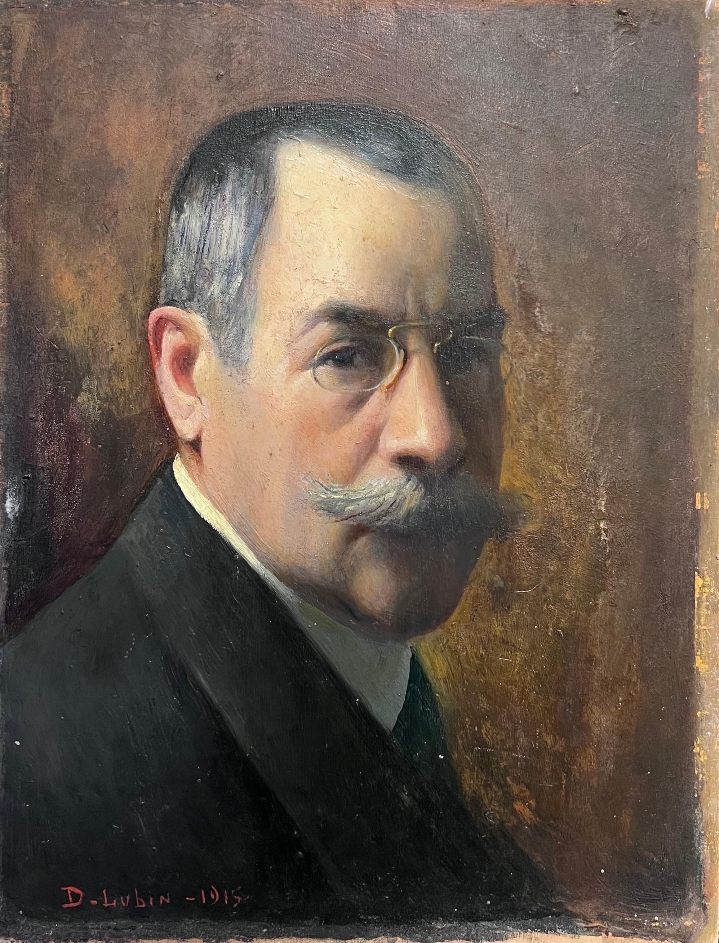 Ausgezeichnetes Porträt eines autoritären Gentleman mit Brille Französisches Ölgemälde – Painting von D.Lubin