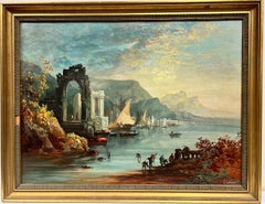 Vintage Large Marine Oil Painting Continental Harbour Merchants & Fishermen Trading