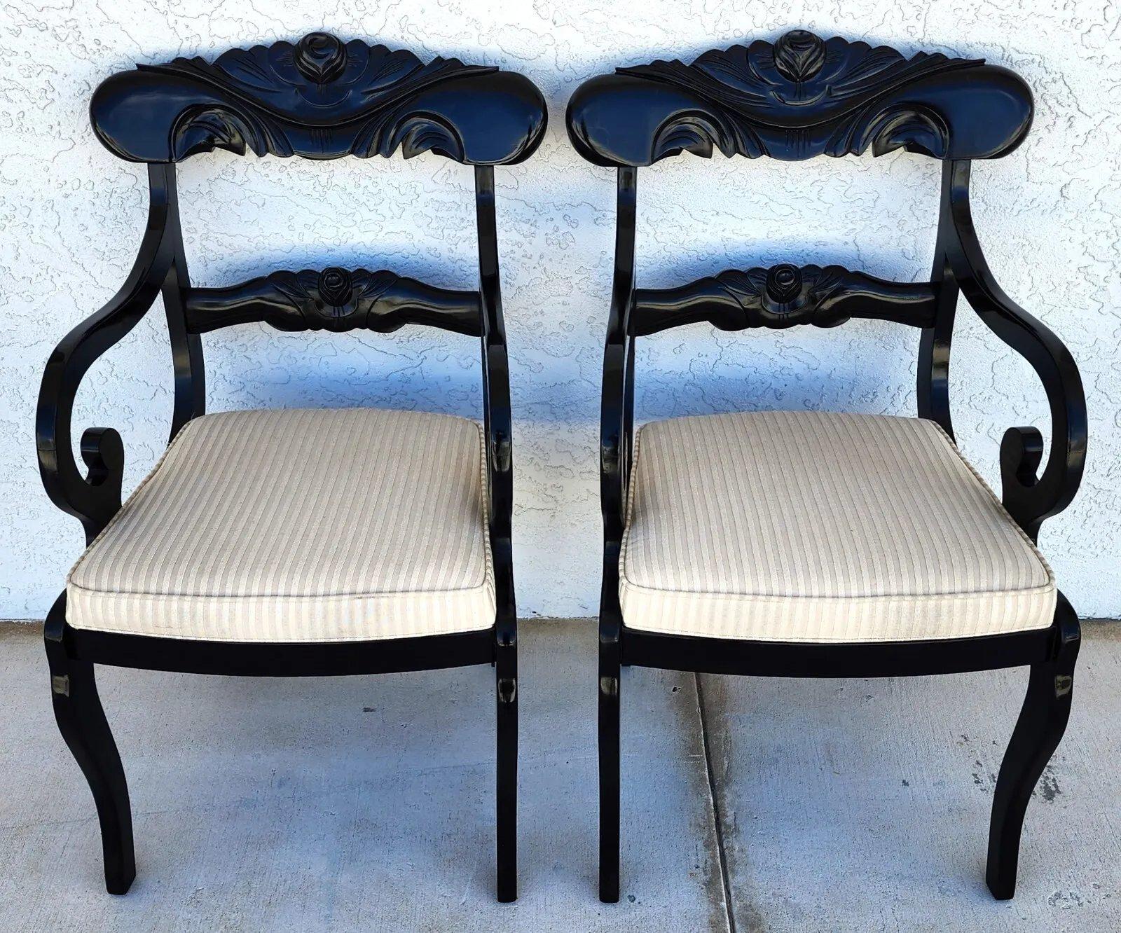Late 20th Century English Regency Dining Accent Chairs Ebonized Pair For Sale