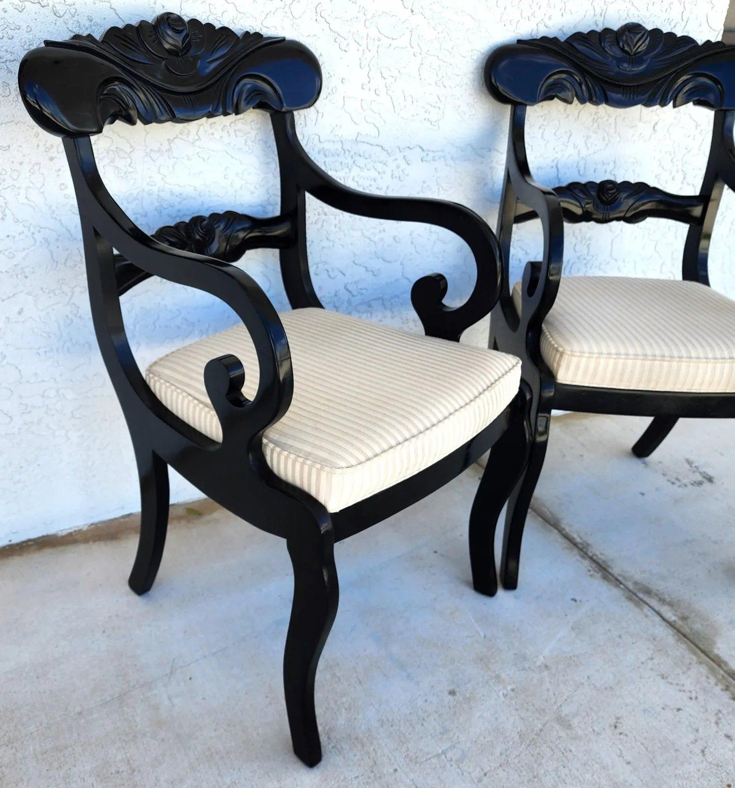 Cotton English Regency Dining Accent Chairs Ebonized Pair For Sale