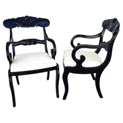 Retro English Regency Dining Accent Chairs Ebonized Pair
