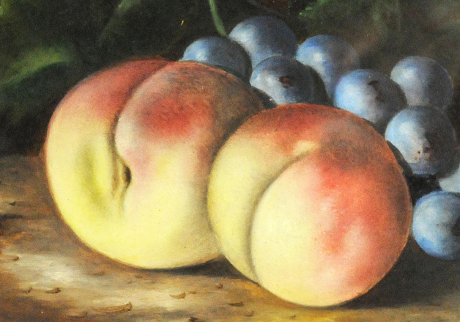 Still Life with Peaches and Grapes
Oil on paper, 1890
Signed and dated lower right (see photo)
Image size: 5 8 5/8 inches
Frame size: 10 x 13 1/2 inches
Housed in the original frame which has been reguilded (restored)
Purchased in Ohio
Nothing can