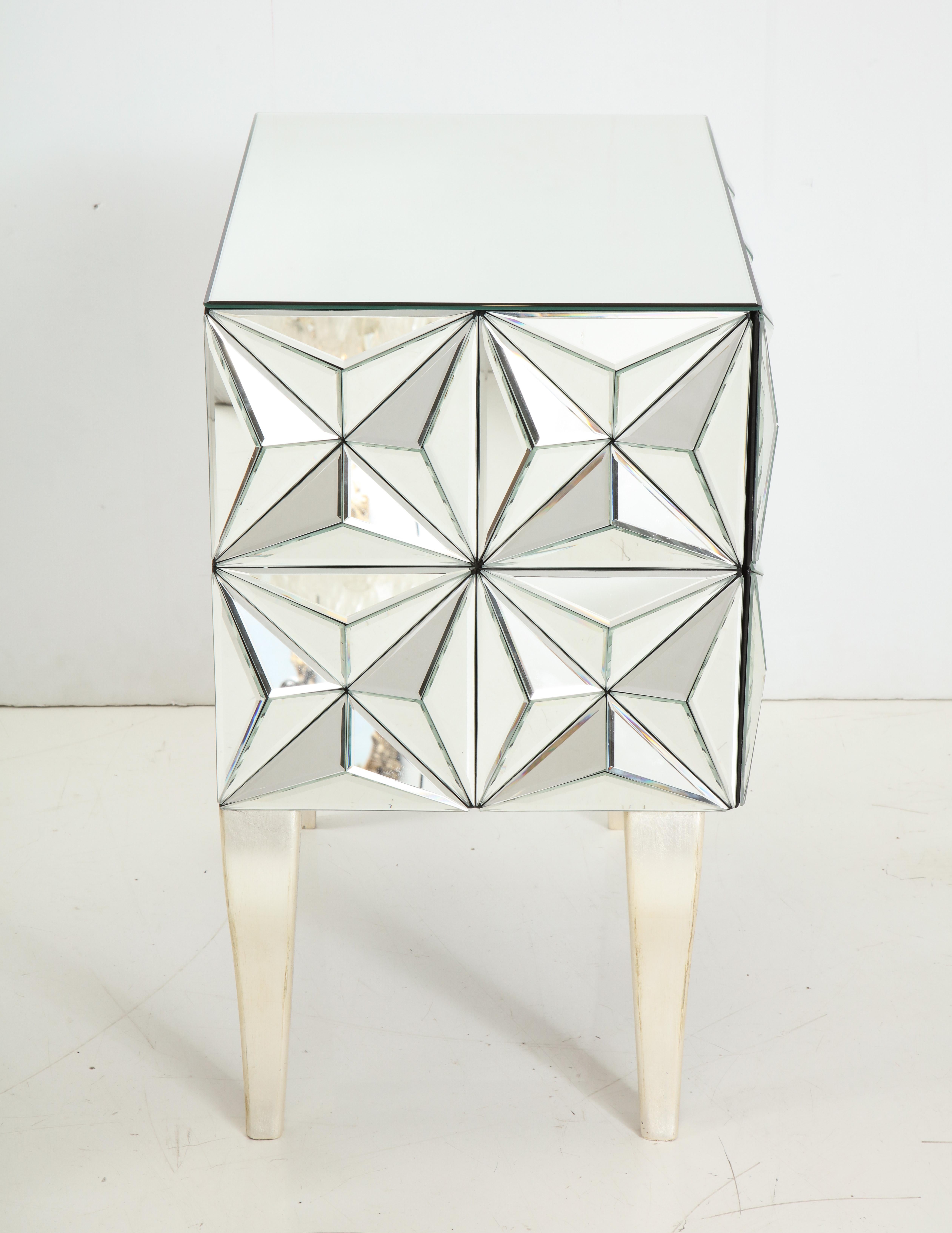 Silvered Dimensional Beveled Edge Mirrored Nightstands