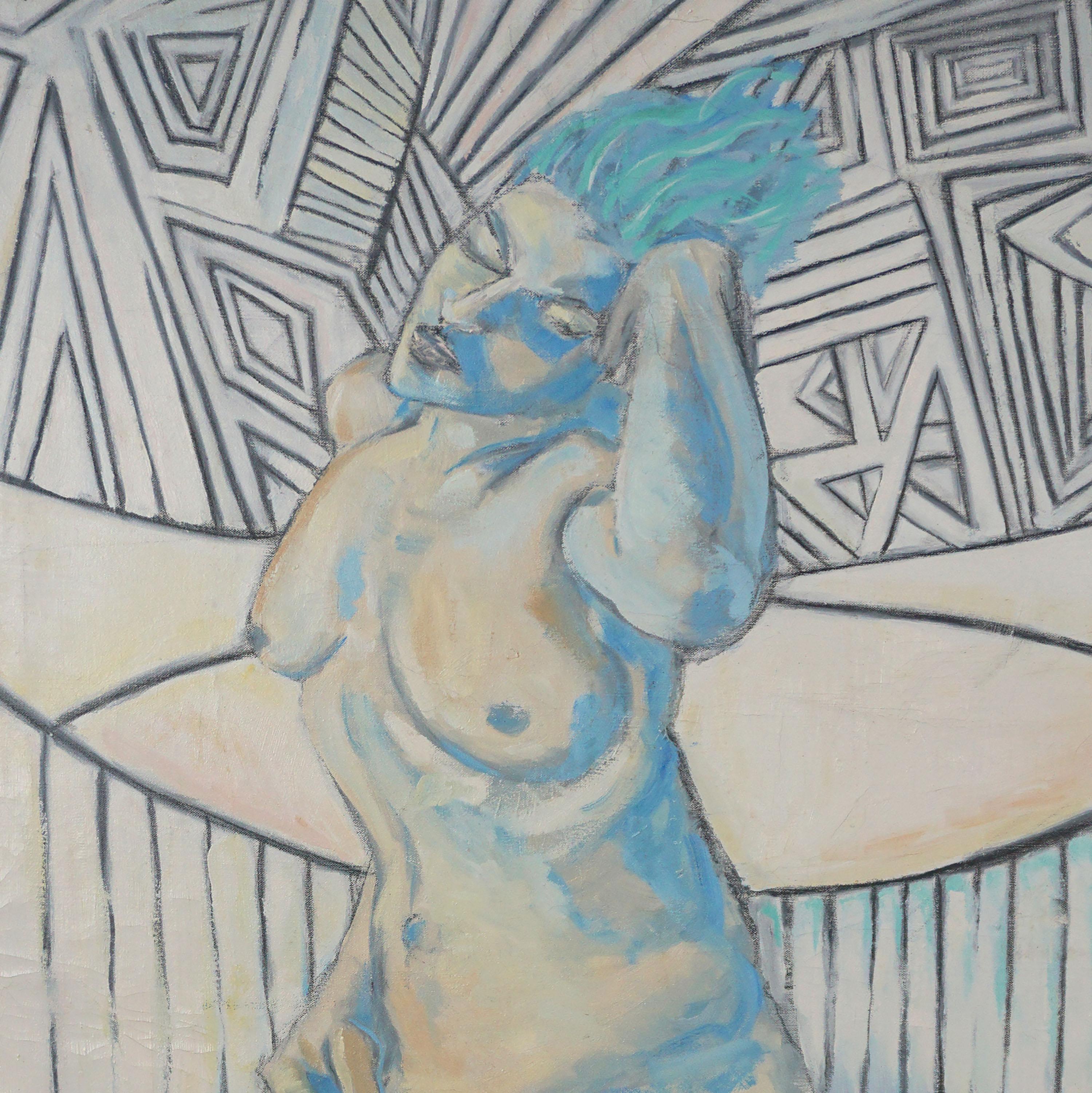 Op Art Desnudo Figurativo Femenino -- Sanctum de la Mente Floreciente - Figurative Painting Gris de Dmitri Katz