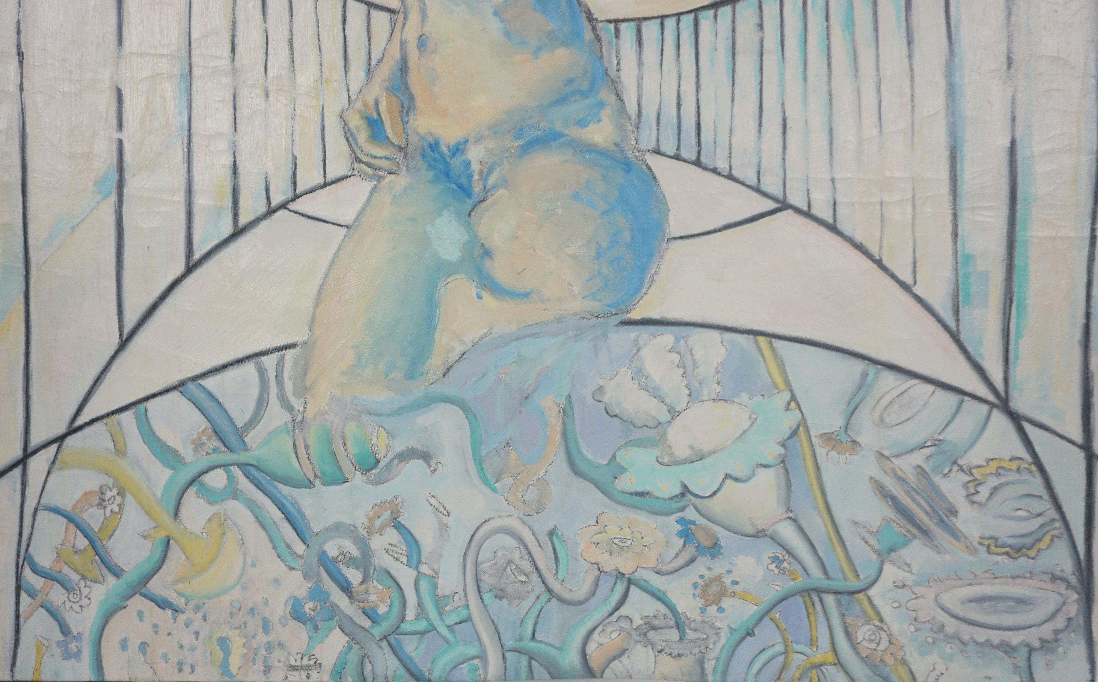 Op Art Desnudo Figurativo Femenino -- Sanctum de la Mente Floreciente

Este cuadro de Dmitri Katz (estadounidense/alemán, nacido en 1972), hacia 1992, presenta una figura femenina surrealista, casi mitológica, en azules helados y suaves beiges,
