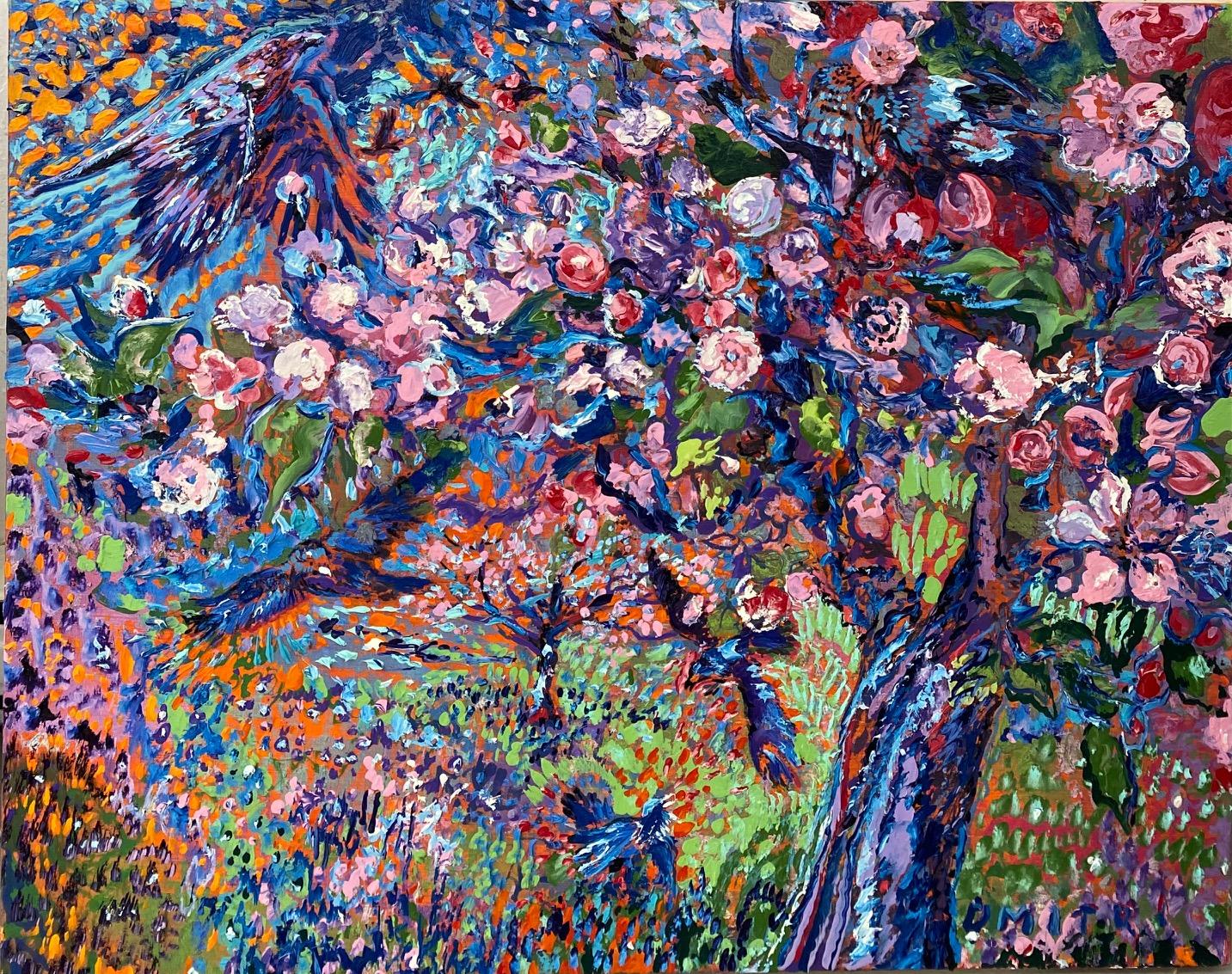Apple Blossoms Opus 3, original 32x40 expressionist landscape - Painting by Dmitri Wright