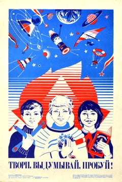¡Póster científico soviético original de época Niños de la escuela Space Create Invent Try!