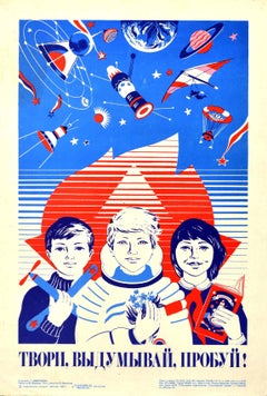 Original Vintage Soviet Science Poster School Children Space Create Invent Try!