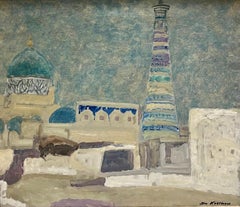 " Bhukara evening" Oil  cm. 69 x 59 1975 Turquoise, Uzbekistan, blue
