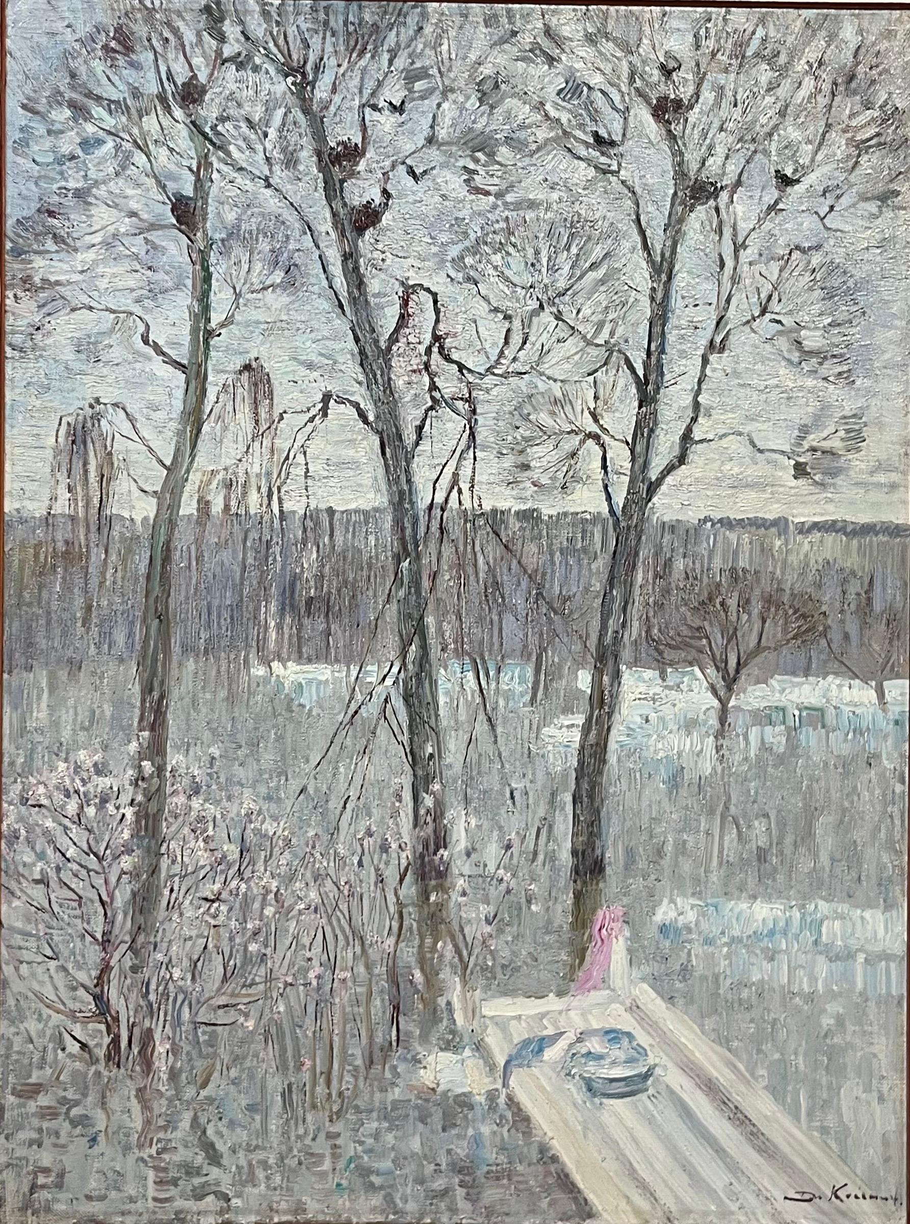 Dmitrij Kosmin Landscape Painting - "Flooded forest" gray and purple, landscape cm. 90 x 120, 1994