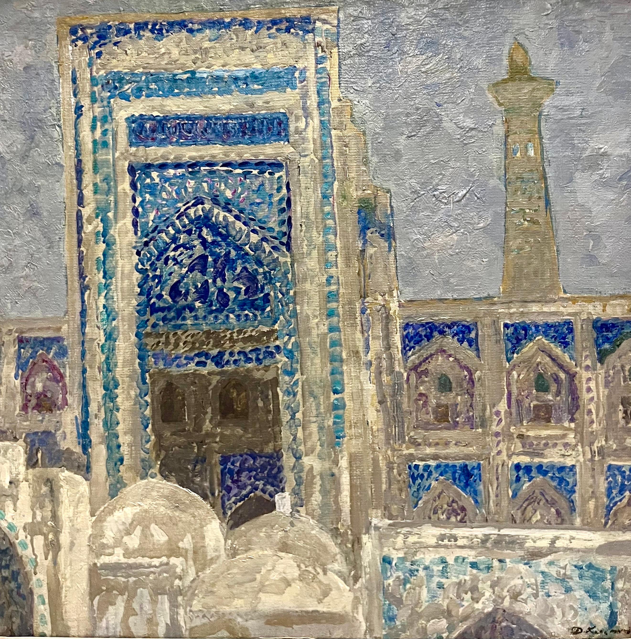 « Mattina luminosa a Khiva » Madrassa, Moschea, Ouzbékistan, cm. 68 x 68 1975 - Painting de Dmitrij Kosmin
