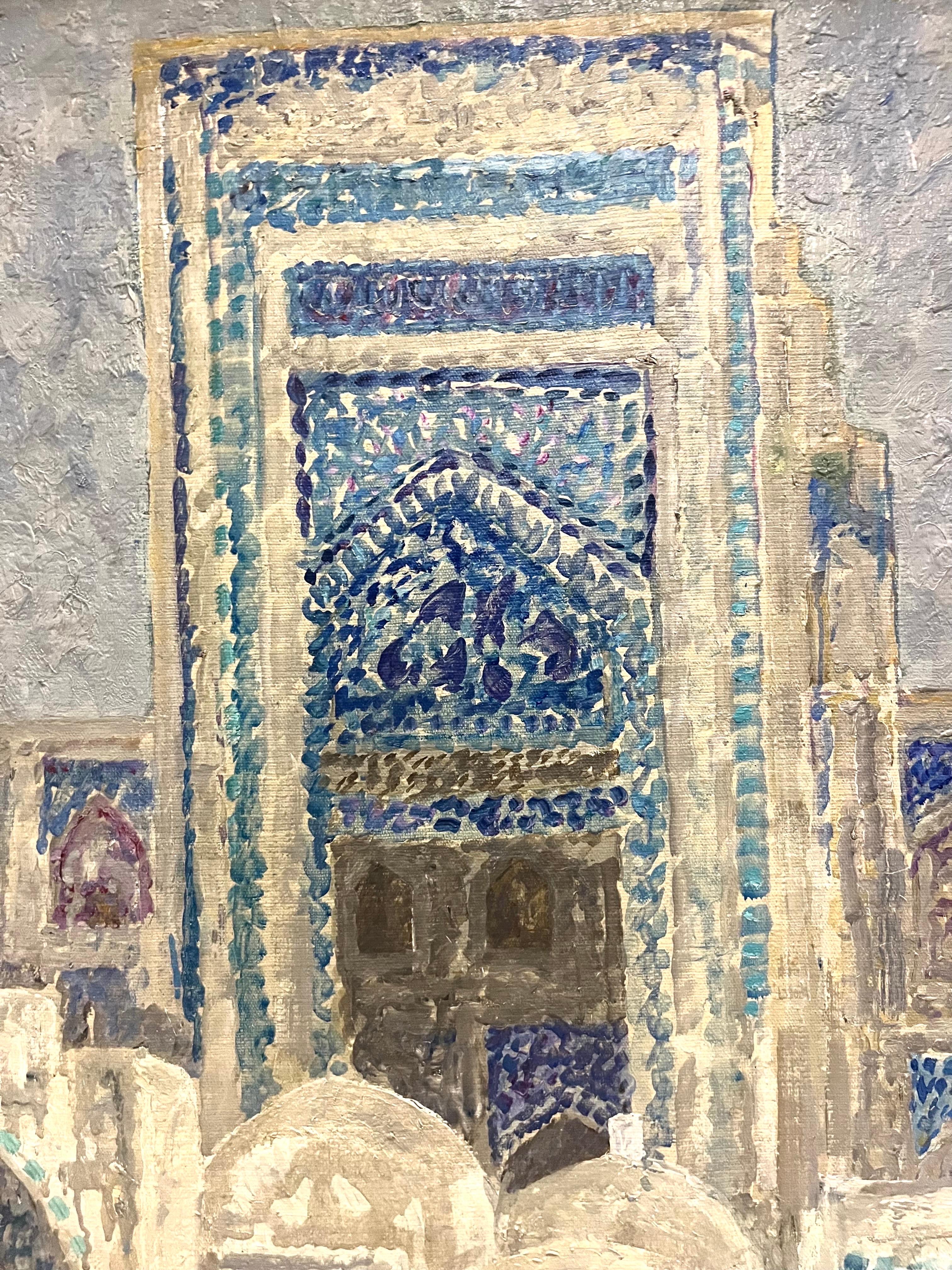 « Mattina luminosa a Khiva » Madrassa, Moschea, Ouzbékistan, cm. 68 x 68 1975 - Impressionnisme Painting par Dmitrij Kosmin