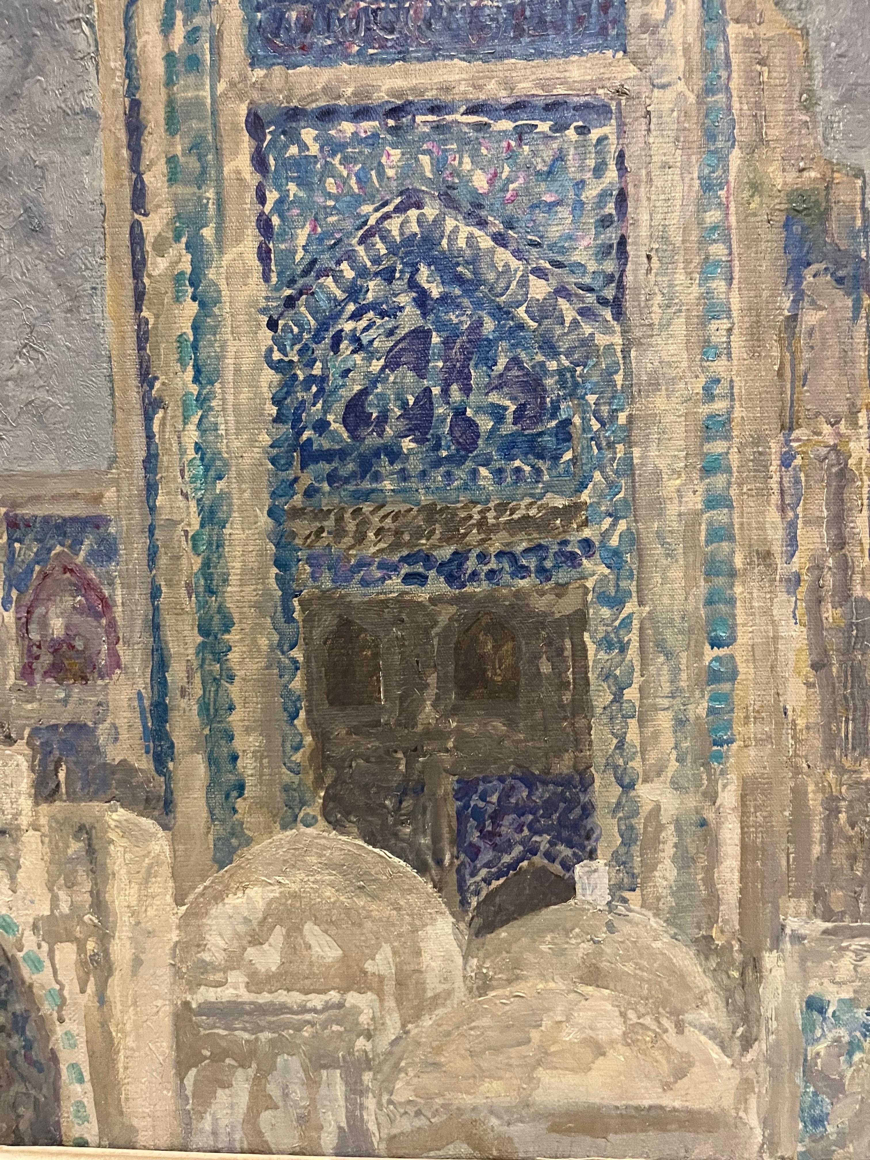 « Mattina luminosa a Khiva » Madrassa, Moschea, Ouzbékistan, cm. 68 x 68 1975 en vente 1