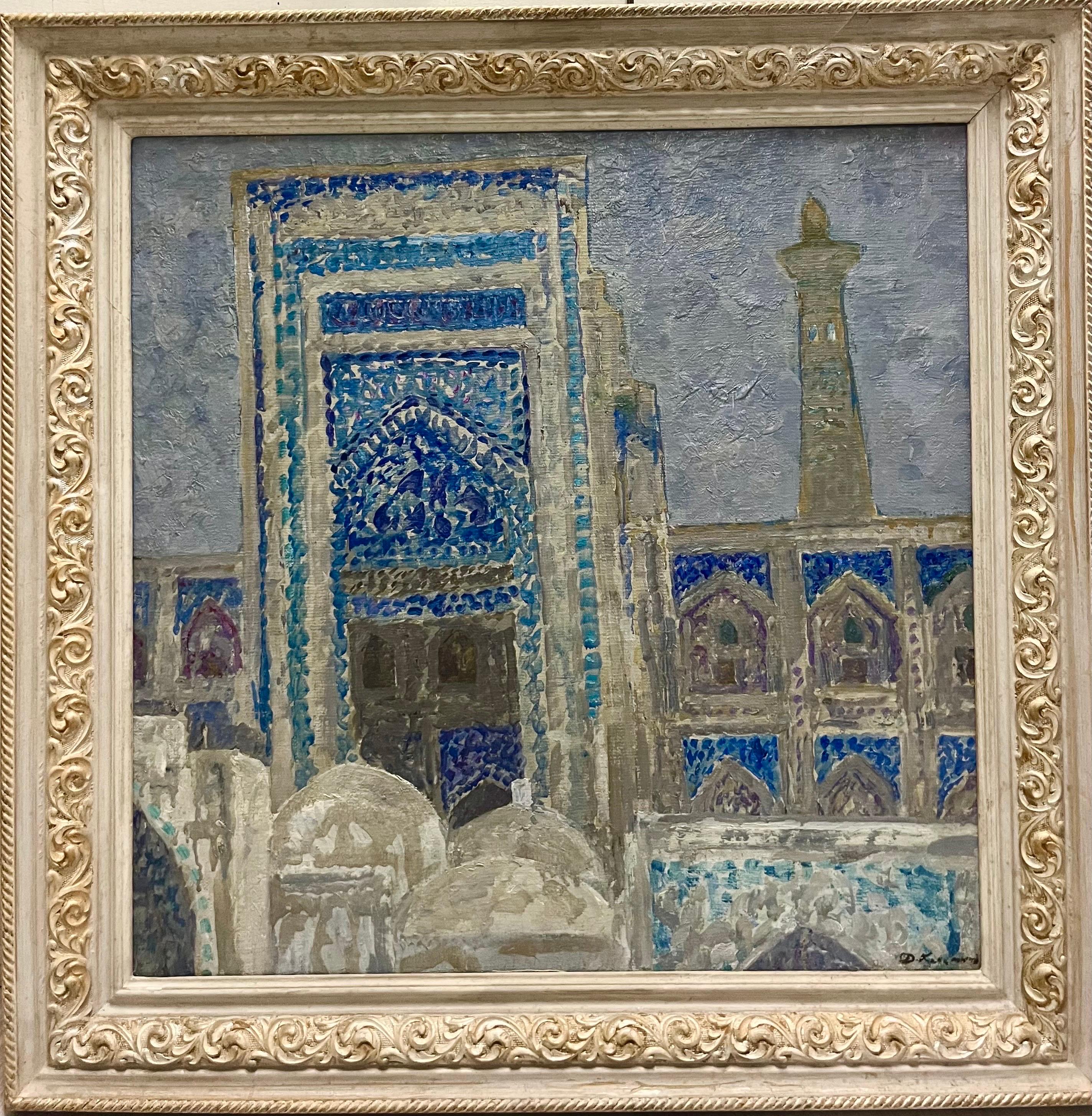 Dmitrij Kosmin Landscape Painting - "Mattina luminosa a Khiva" Madrassa , Moschea , Uzbekistan Olio cm. 68 x 68 1975