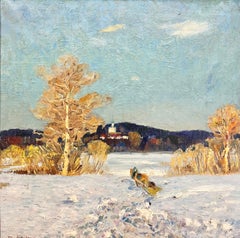 Vintage "Winter landscape" Oil cm. 90 x 90 1984  Snow, White