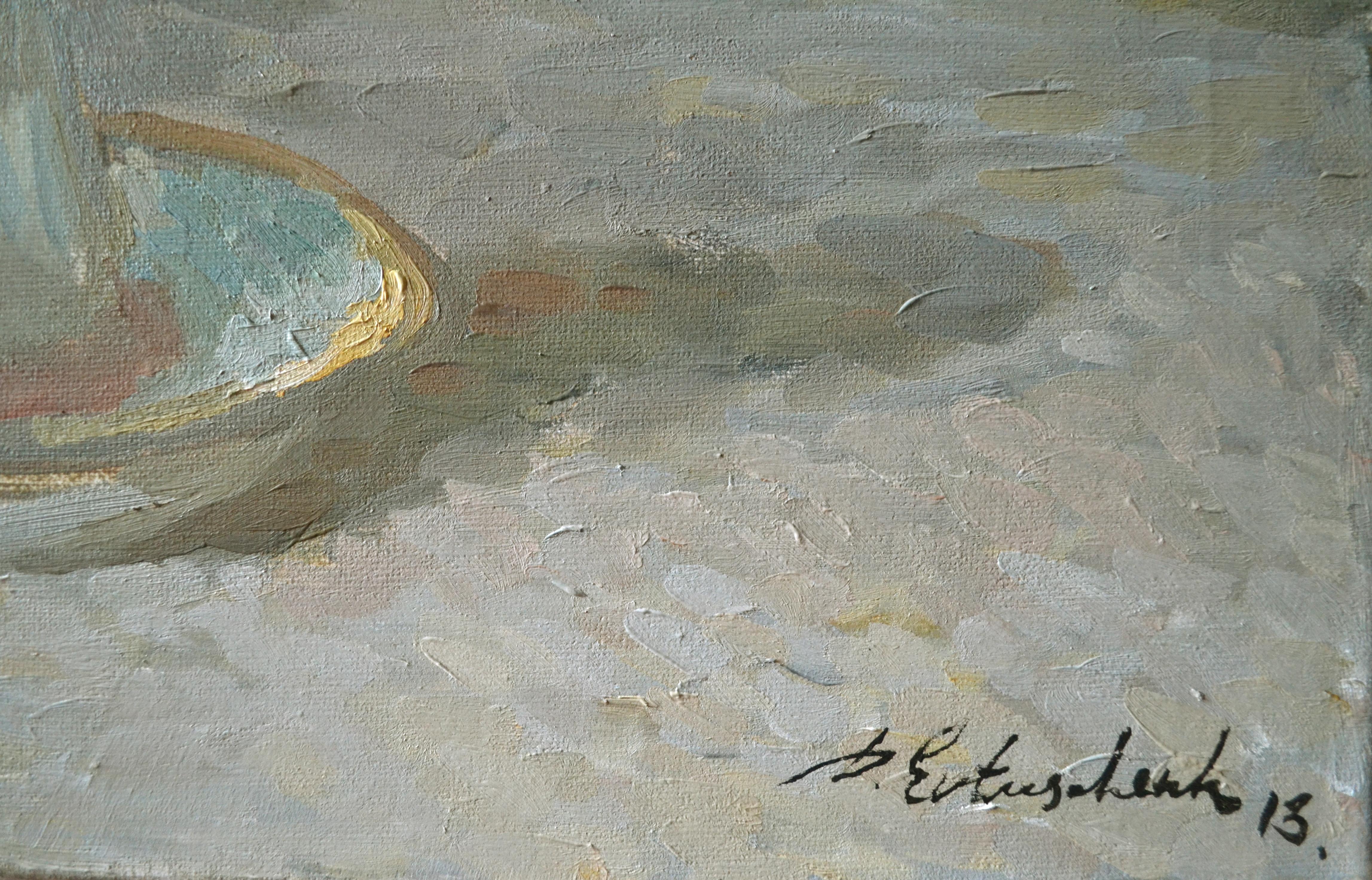 A bouquet of lilies of the valley and a mirror - Gris Still-Life Painting par Dmitry Evtushenko