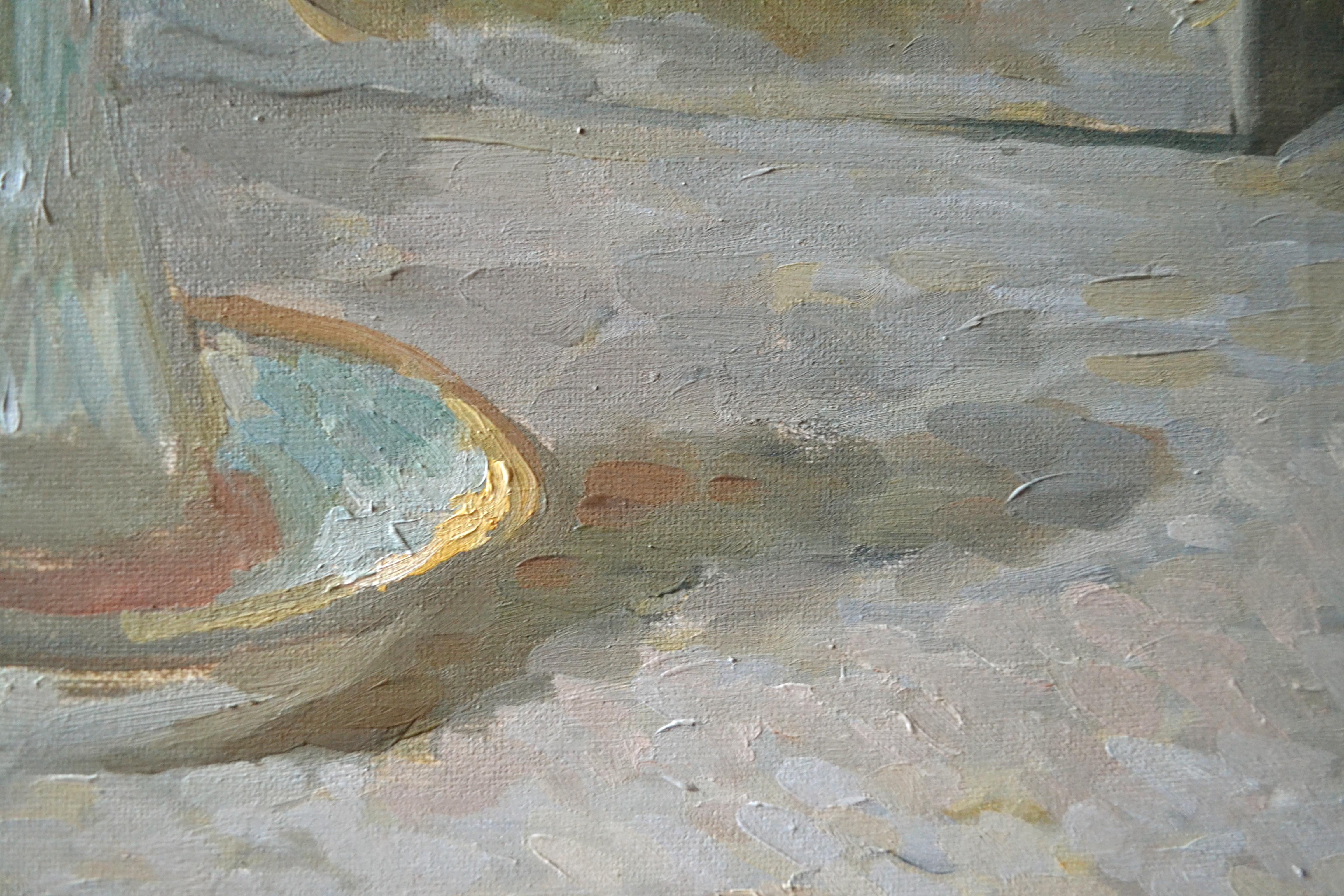 The painting is a light, quick study, executed from life in an impressionistic manner. It is not a deliberately composed still life on a given theme, but rather a collection of randomly placed objects, as if glimpsed or overheard, that together form