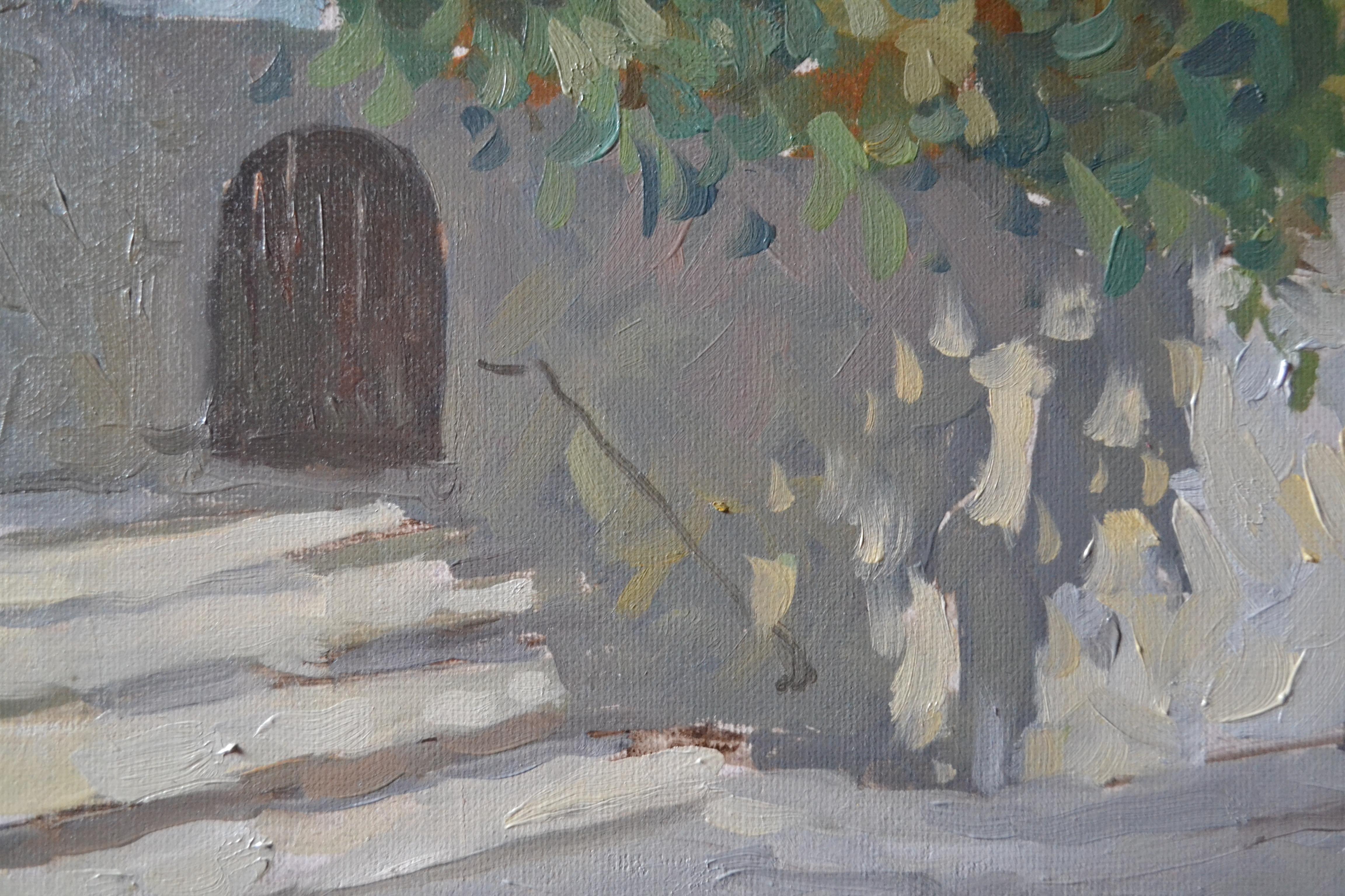 A city corner in late summer - Gray Landscape Painting by Dmitry Evtushenko