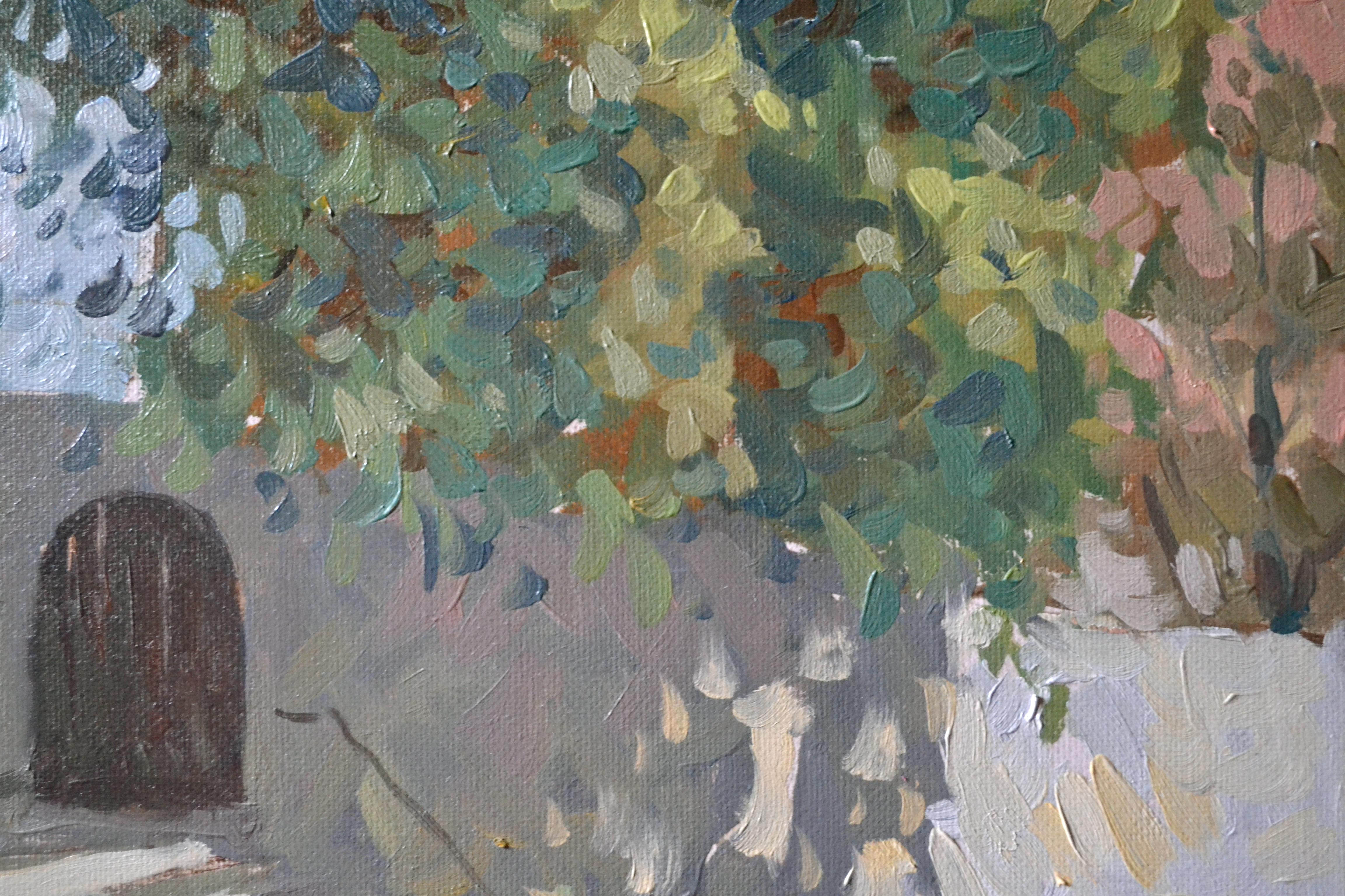 The painting was painted from life in the last days of August, when the trees are still green, but the first hints of yellow are already appearing on the leaves. We see a street in an old European city. To the left, a stone monastery wall is