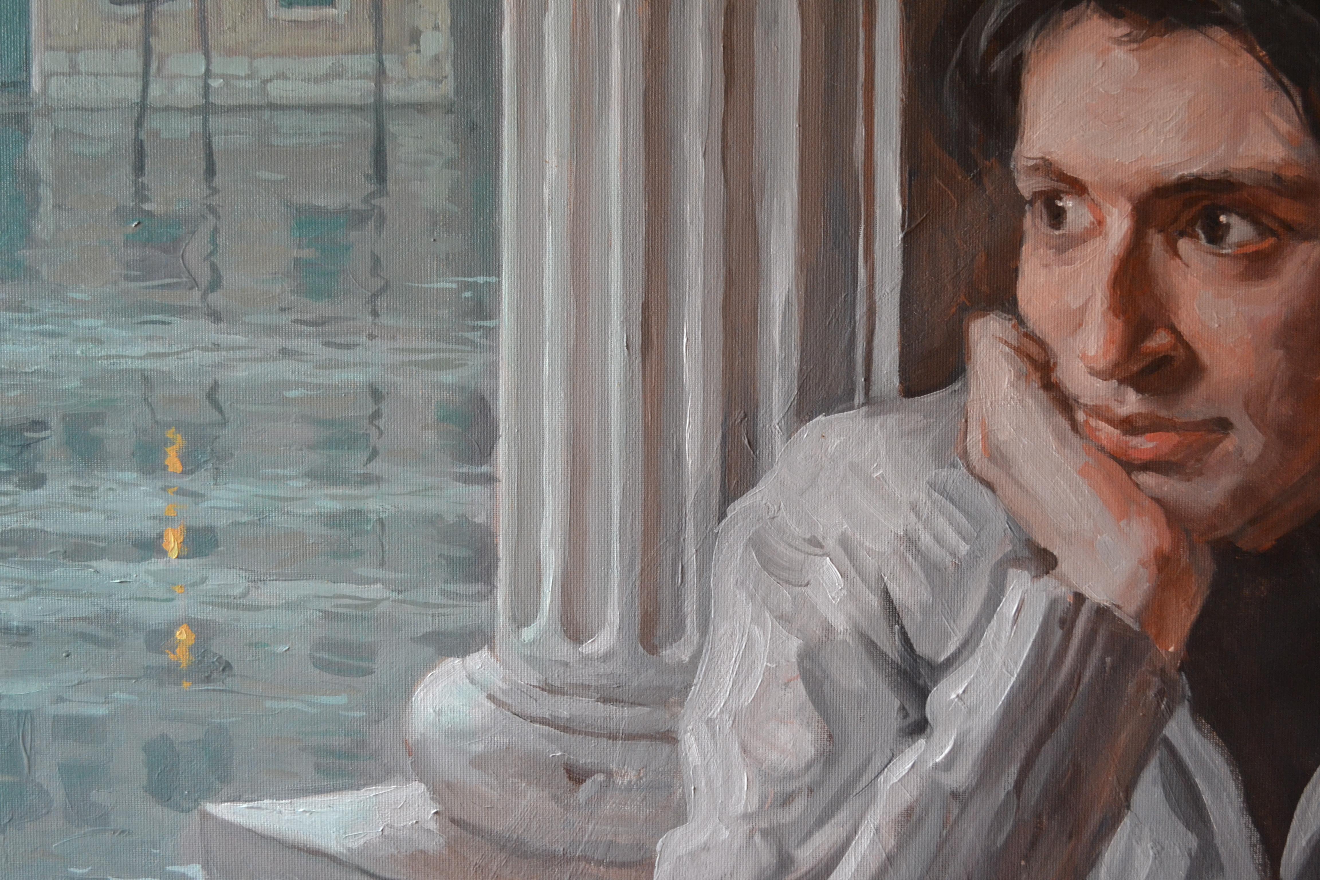 A cup of coffee in Venice - Realist Painting by Dmitry Evtushenko