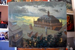 After the storm. In the old town. Large horizontal landscape painting, realism